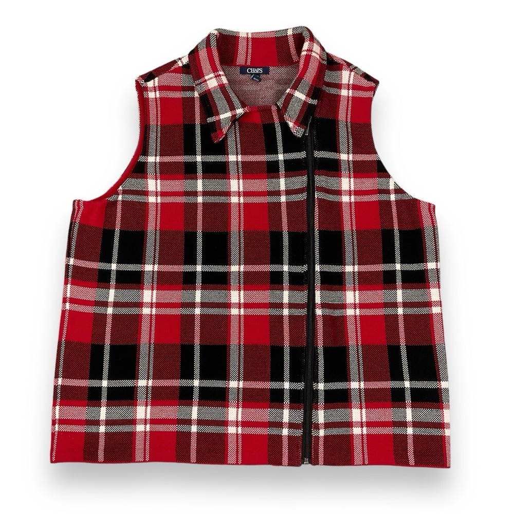 Chaps Vest Women 1X Red Multi Plaid Full Zip Knit Stretch Collared Cotton EUC
